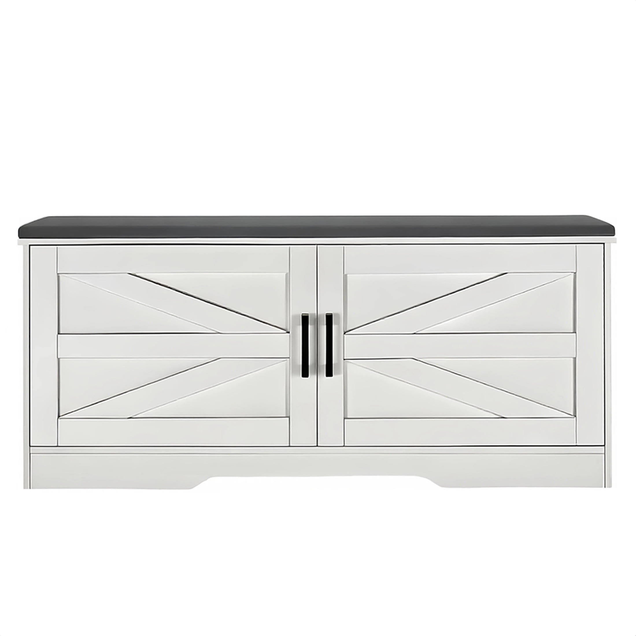 Noble House 2-Tier Storage Bench, Farmhouse Shoe Bench with Cushion, Barn Doors, for Entryway, Hallway, White