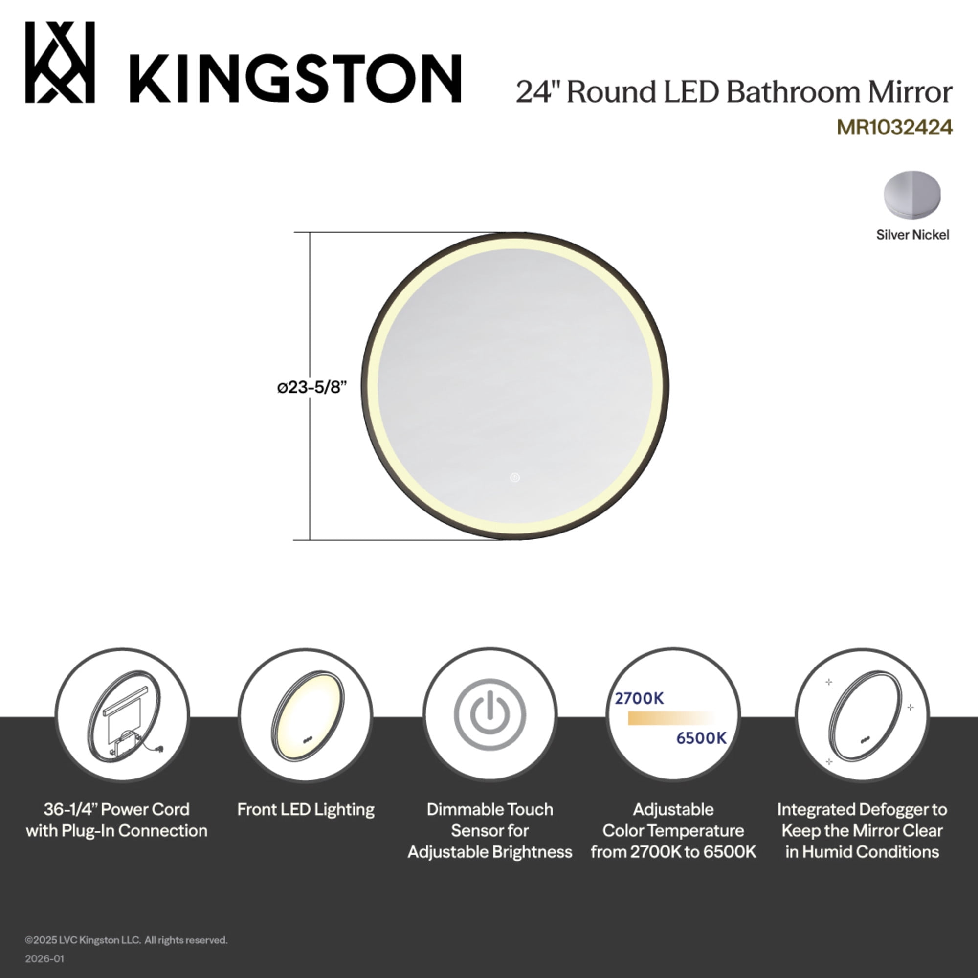 Kingston Brass MR1032424 Aurora 24-Inch Round LED Bathroom Mirror, Front Light, Anti-Fog, Dimmable Touch Sensor Lighted Mirror in Silver/Nickel