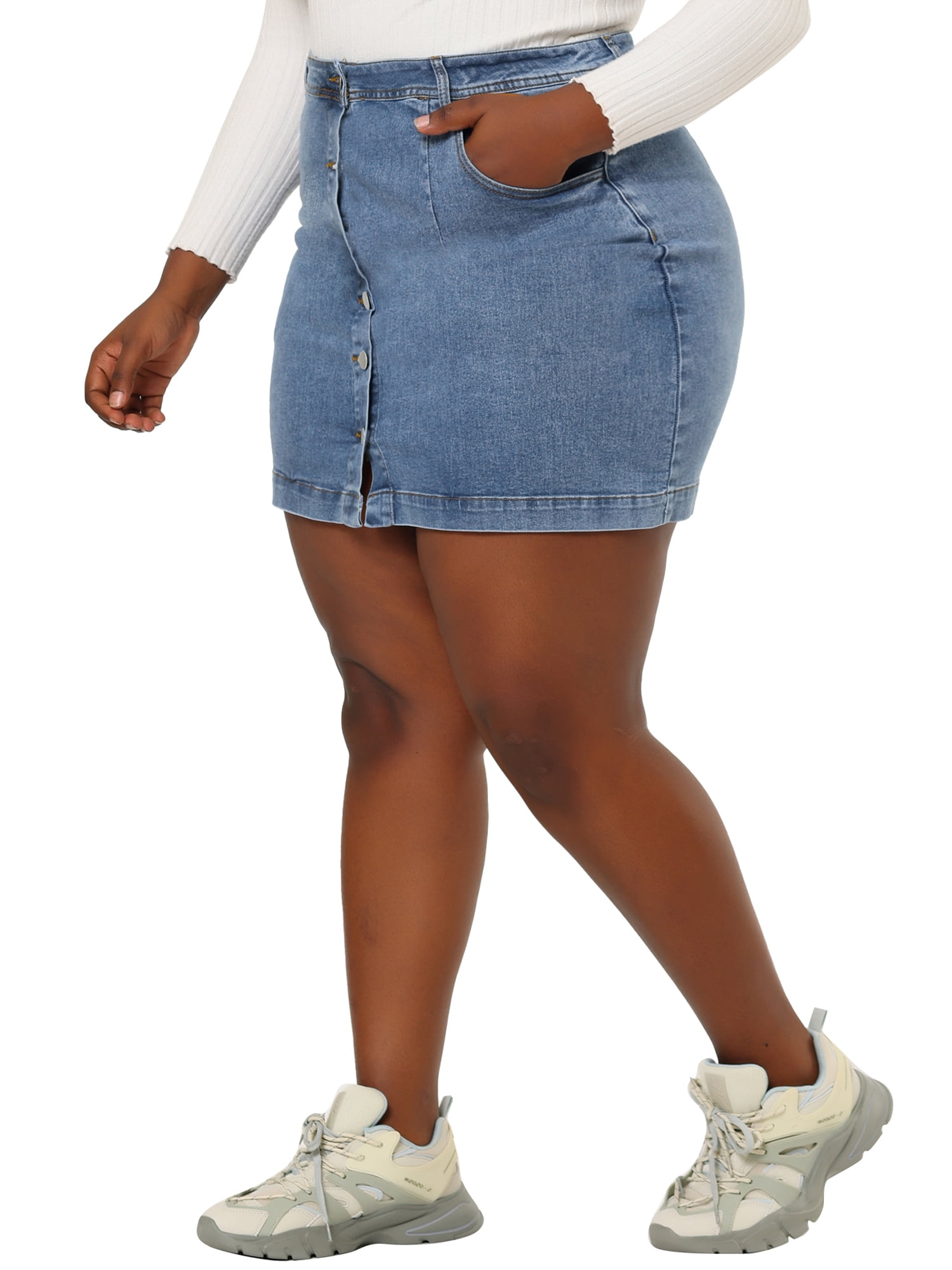 DARING DIVA Women's Plus Size Button Side Pocket A Line Jean Skirts 4X Sky Blue