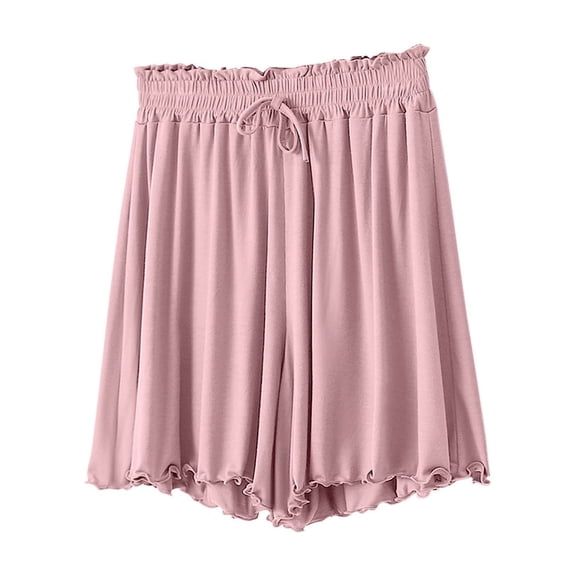 Lenpel Pajama Shorts for Women Modal Elastic Drawstring Ruffle Trim Soft Comfortable Lounge Shorts Comfy Sleep Shorts
