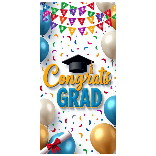 Graduation Party Supplies Congrats Grad Banner Backdrop Background with Balloons and Confetti Decorations for Graduation Ceremony Celebration Classroom Event
