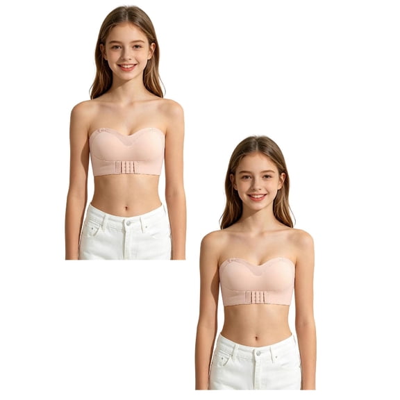shoper Girls Strapless Bra Bandeau Bras 10-12 12-14 14-16 16-18 with Clear Straps Seamless Wireless Non- Kids Tube Top 2PCS
