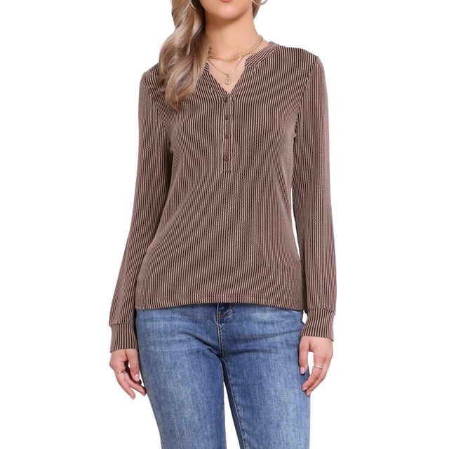 Blusas de líneas onduladas para mujeres, con cuello notch, botones y mangas largas, talla XS, color marrón