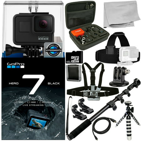 GoPro HERO7 HERO 7 Black 12PC Accessory Bundle - Includes 32GB microSD Memory Card + Heavy Duty Monopod + Micro HDMI Cable +
