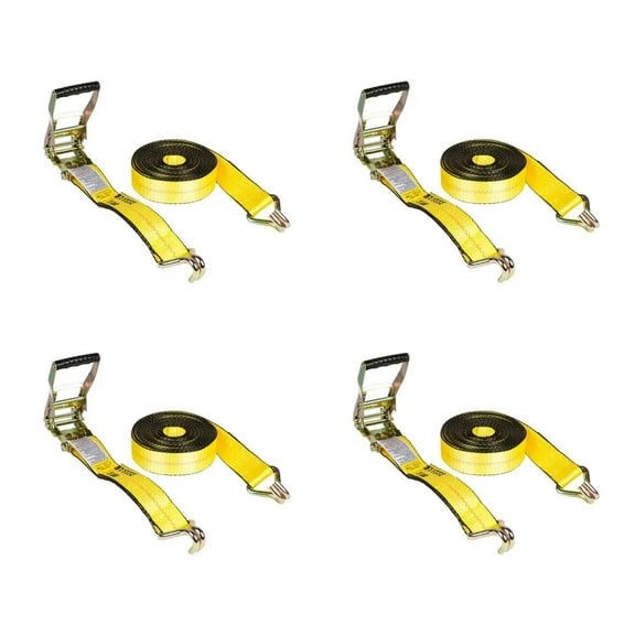 4 Pack 2 Inch x 50 FT Heavy Duty Ratchet Straps with Double J Hooks | 10,000 lbs. Breaking Strength Yellow Tie Down Straps w/Wire Hooks for Industrial Use, Trailers, Truck & Cargo.
