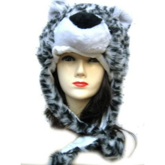 Plush Black/White Leopard Animal Hat - Leopard Hat with Ear Flaps and Poms