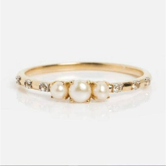 Freshwater Pearl Ring | Dainty Wedding Ring14K Gold Pearl and Diamond Ring Dainty Pearl Ring, Vintage Minimalist Pearl Ring, Pearl Trio Ring