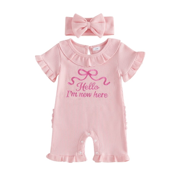 BemeyourBBs Preemie Baby Girl Summer Clothes Baby Girl Newborn Hospital Going Home Outfits Waffled Romper I'm New Here Letter Bow Embroidery Short Sleeve Jumpsuit and Headband Set
