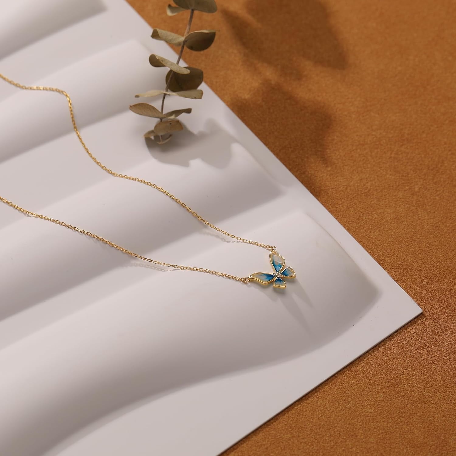 Cute Butterfly Necklaces for Women 14K Gold Plated Blue Enamel Butterfly Insect Choker Pendant Necklace 925 Sterling Silver CZ Charm Chain Necklace Jewelry Birthday Gifts to Daughter