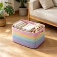 thumbnail image 4 of LiUMX Color Block Woven Storage Basket, Cotton Linen Fabric Rope Organizer with Soft Handles, Multicolor Decorative Bin for Toys, Books, Snacks, Laundry and Home Closet Storage, 4 of 6