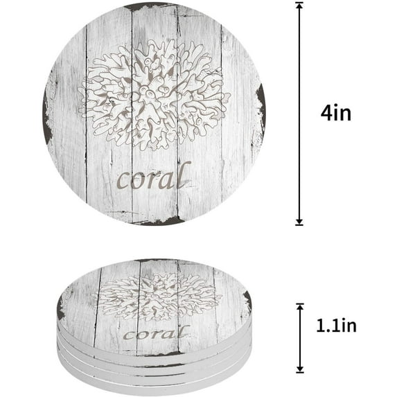 FMSHPON Theme Coral Retro Wood Grain Set of 6 Round Coaster for Drinks, Absorbent Ceramic Stone Coasters Cup Mat with Cork Base for Home Kitchen Room Coffee Table Bar Decor