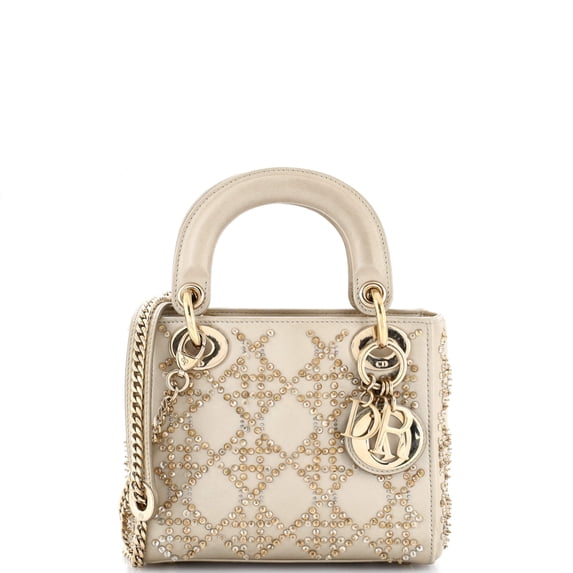 Pre-Owned Lady Dior Chain Bag Crystal Embellished Cannage Quilt Leather Mini By Rebag