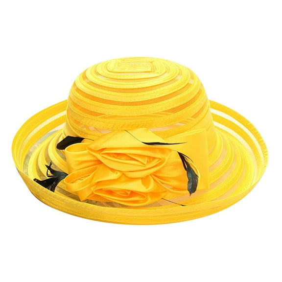DQRPSEETB Women’s Organza Sun Hat Packable Wide Brim Bucket Flower Bow Wedding Church Dress Hat Fascinator Bridal Tea Party Hat Fashion Hat for Woman