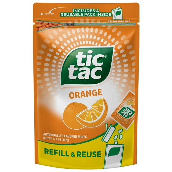 Tic Tac Bulk Resealable KEF28 Refill Bag, Orange Flavored Mints, On-The-Go Refreshment, Includes Empty Refillable Pack, 17.2 oz