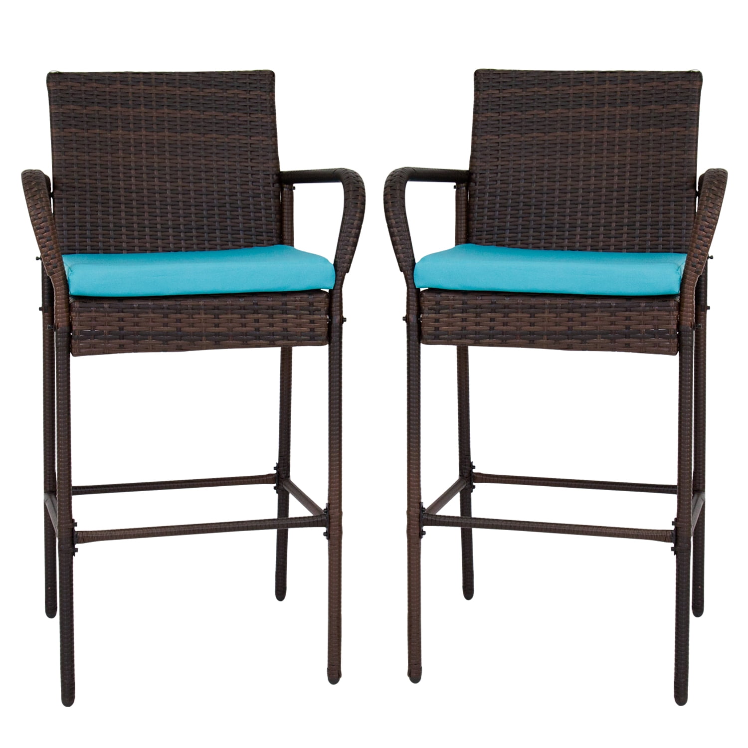 Kinbor 2pcs Patio Outdoor Wicker Barstool Set Pool Furniture High Kinbor 2pcs Patio Outdoor Wicker Barstool Set Pool Furniture High Chair Brown W Free Blue Cushions Com