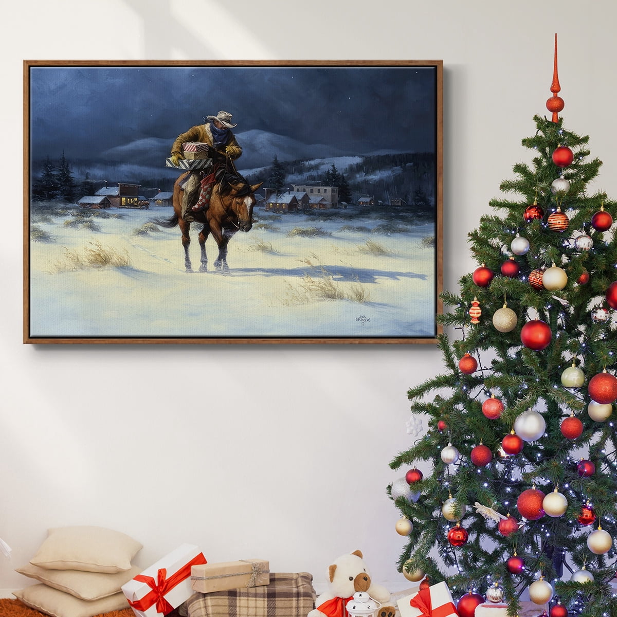 Bringing Christmas Home - Framed Gallery Wrapped Holiday Canvas - 27 x 41 - Rosewood Frame