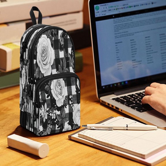 Backpack Pencil Case, 3 Compartment Large Capacity Oxford Fabric Pencil Pouch / White Rose Pattern