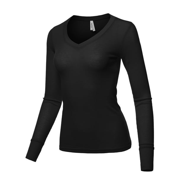 A2y A2y Womens Basic Solid Long Sleeve V Neck Fitted Thermal Top Shirt Black Xl 
