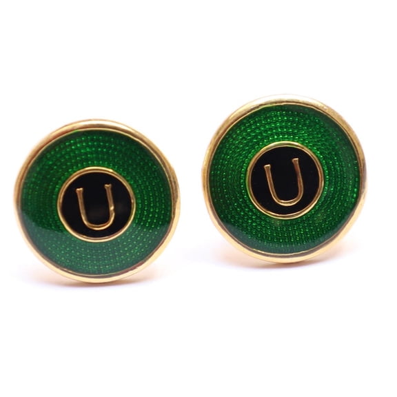 Mens Suit Cufflink Vintage Sterling Silver Initial Green Enamel Gold Cufflink