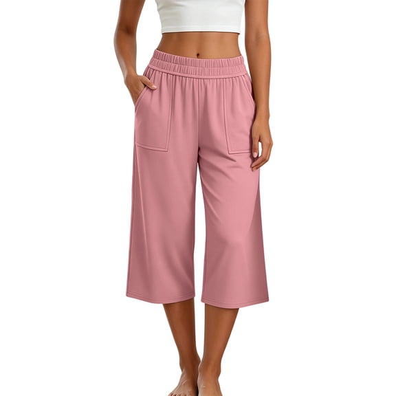 RQYYD Women's High Waist Wide Leg Capri Pants Elastic Drawstring Casual Summer Lightweight Trousers with Pockets