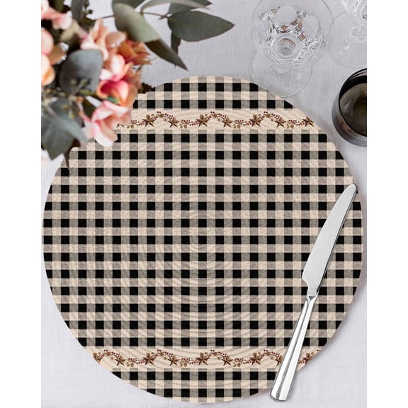 13 Inch Round Placemats Set of 4, Western Texas Star Retro Non Slip Heat Insulation PP Table Mats, Country Vintage Black Beige Plaid Washable Place Mats for Kitchen Dining Party Table Decor