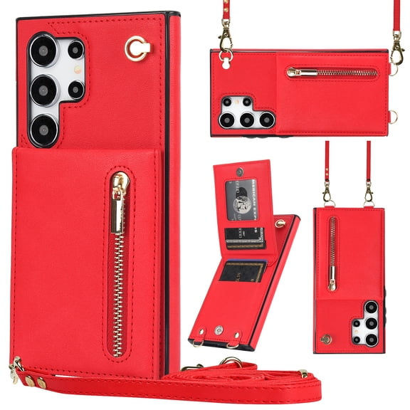 Crossbody Wallet Case for Samsung Galaxy S26 Ultra with Card Holders RFID Shockproof Cover, Back Magnetic Flip Kickstand Zipper Slot Case, PU Leather Cover Handbag Shoulder Strap Phone Case,Red