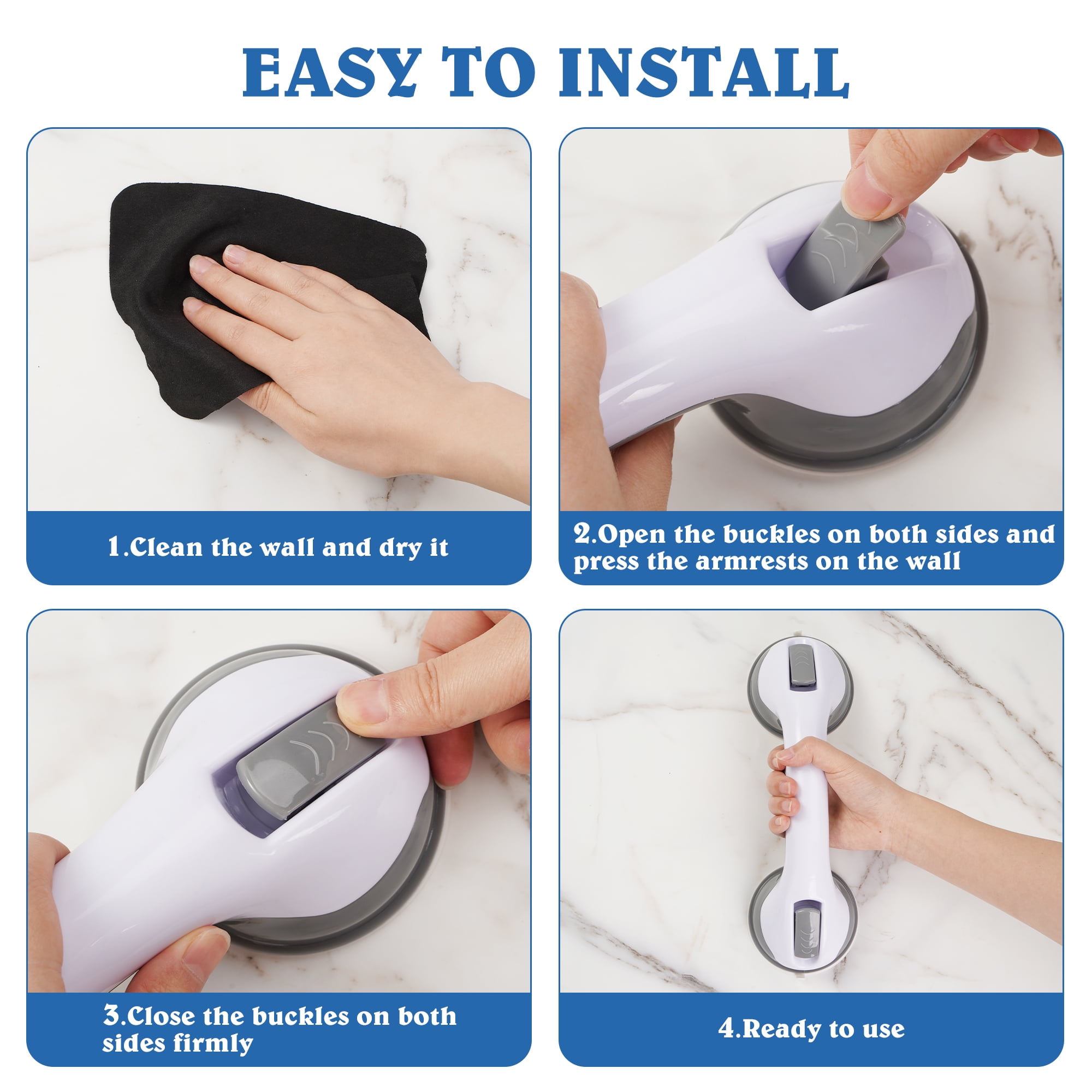 KEKOY 2 Pack Shower Handles for Elderly, Grab Bars for Bathroom, 12" Suction Bath Tub Hand Rail, Anti-Slip Safety Bar with Shower Pouf and Hook