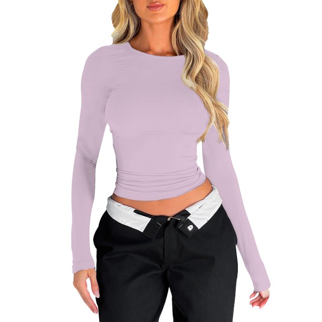 Baberdicy Hauts Courts à Manches Longues Y2K - T-Shirts Rétro Mode Urbaine 2025 (Tenues de Gym de Printemps, Chemises Décontractées pour Sortir) Rouge G