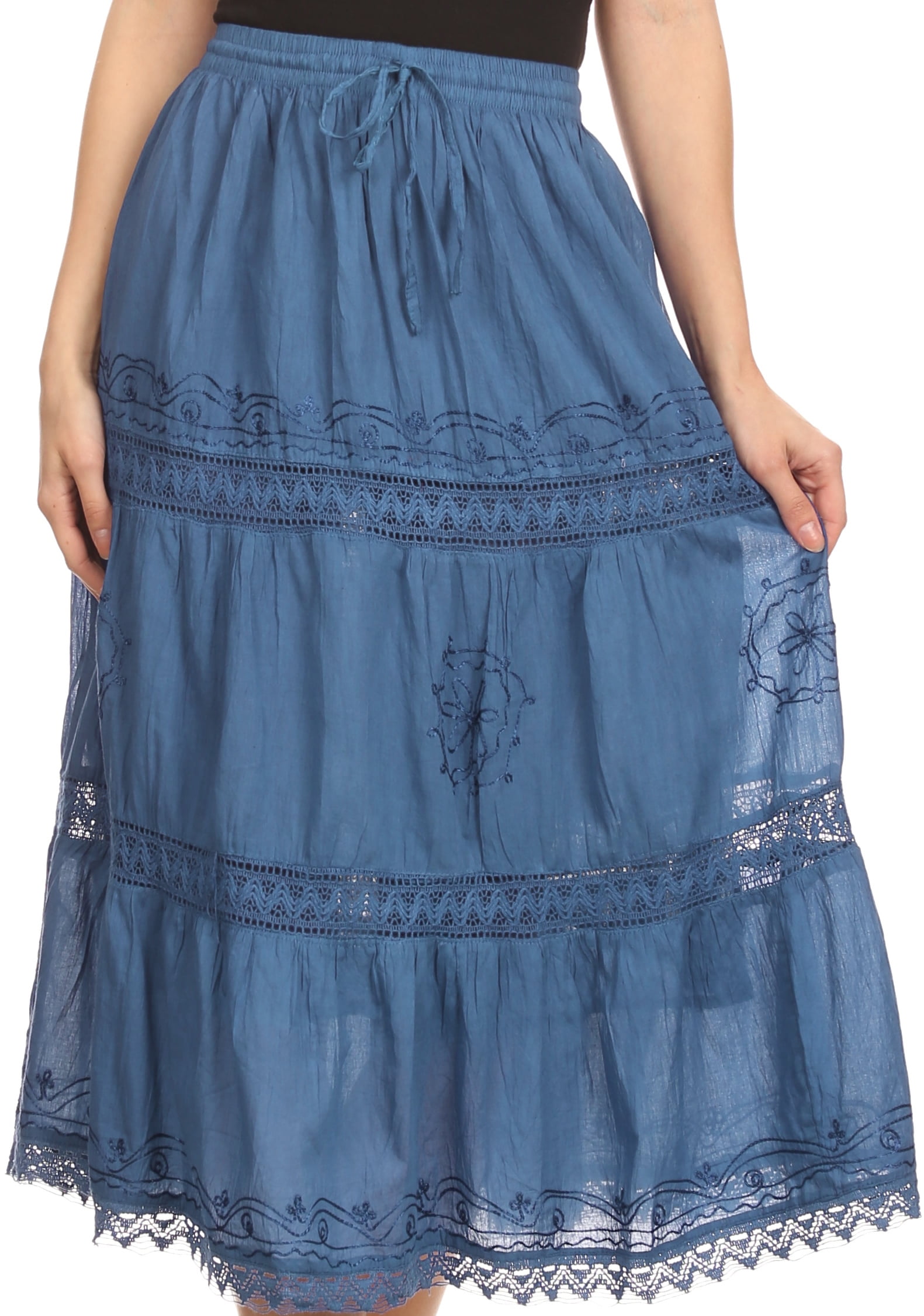 Sakkas Solid Embroidered Gypsy Bohemian Mid Length Cotton Skirt - Blue -  One Size - Walmart.com