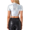 thumbnail image 3 of INSPIRAR CHIC Blusas Cortas de Cuello Alto para Mujeres con Manga Corta Metálicas M Plata Brillante, 3 of 6