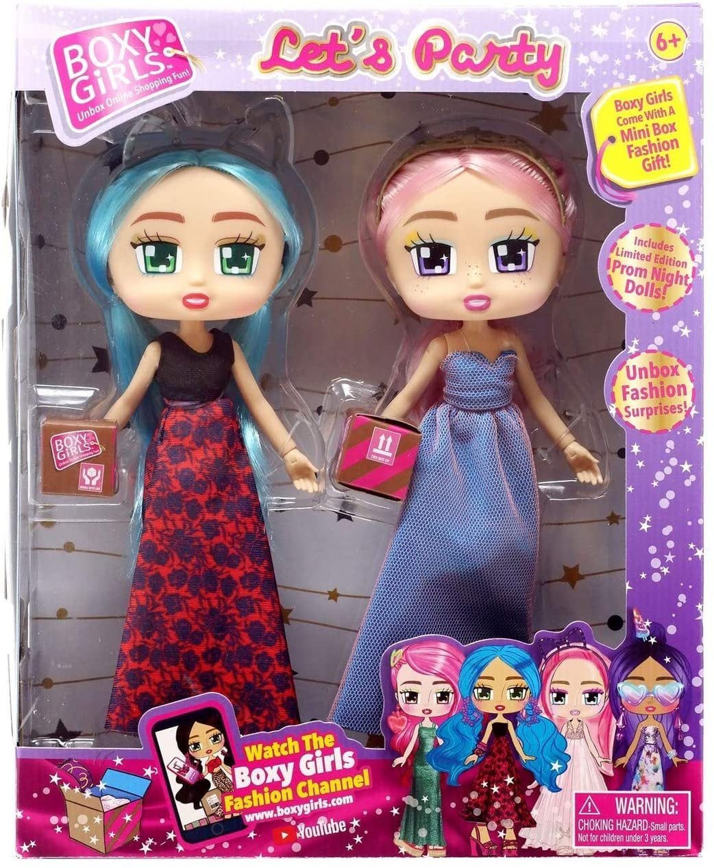 1 Unboxing Box Included with Surprise Clothes and Accessories Inside Boxy Girls Lets Party Collection Fashion and Clothes Dolls Blue Hair and Red Prom Dress Khloe Doll