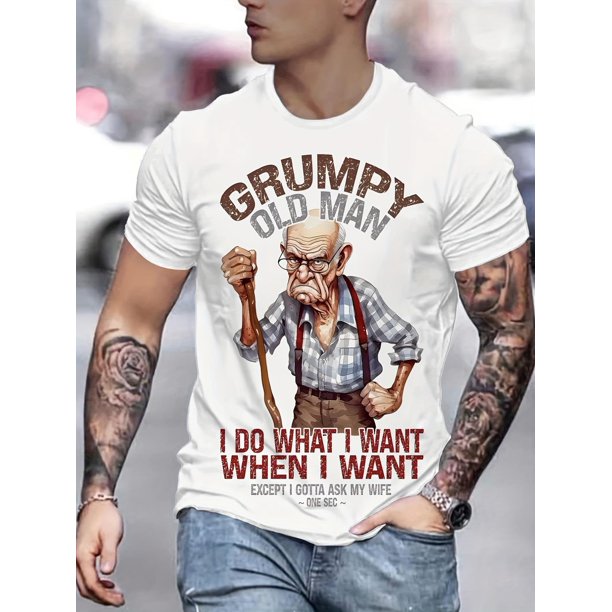 Men'S Novelty 3D Print Fashion T-Shirt, Polyester Casual Crew Neck Tee, Regular Fit Knit Fabric with Slight Stretch, with Grumpy Old Man Humor Graphic Tee For Adult, Men, Women, Teen, Teenager, Adole