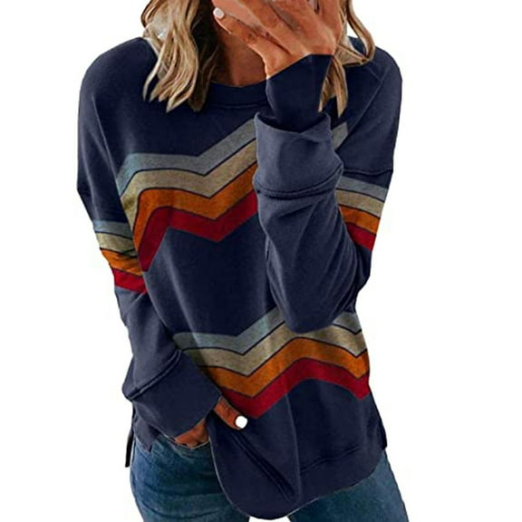 Yigetop Long Sleeve Tops Women's Casual Long Sleeve Stripe Print Color Matching T Shirt Slim Top Women's Casual Long Sleeve Shirts Blue L