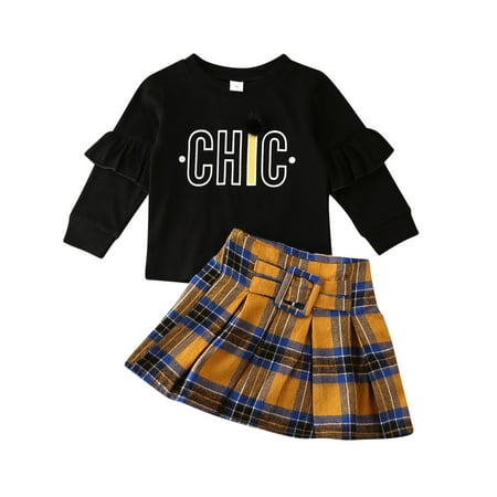 

Imcute Girls Casual Suit Round Neck Long Sleeve Letter Print Falbala Pullover Plaid Pleated Skirt