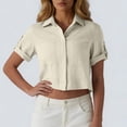 thumbnail image 5 of Htigea Womens Linen Crop Tops Summer Short Sleeve Gauze Shirts Collared Button Down Casual Tees with Pocket Khaki XL, 5 of 7