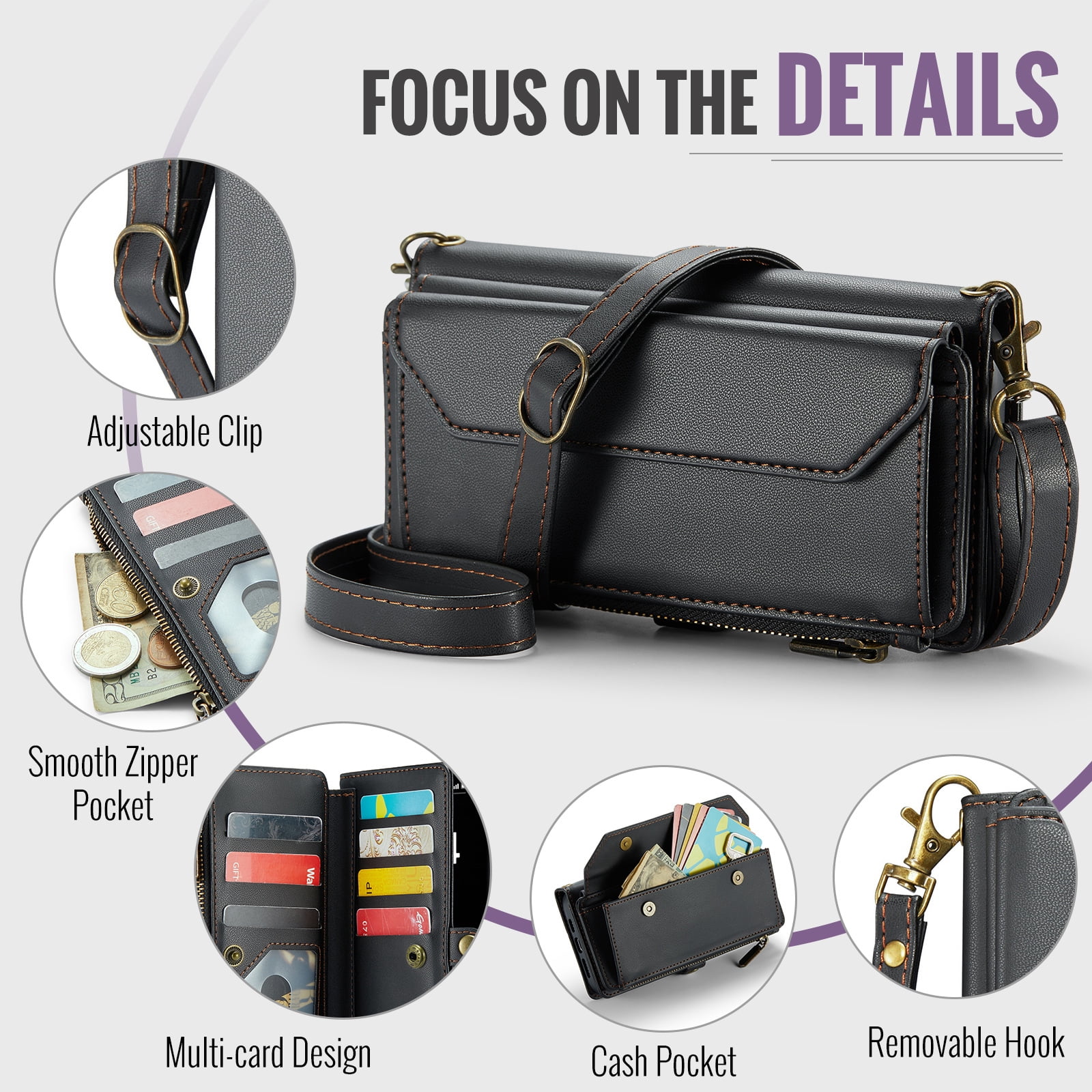 Asuwish Compatible with iPhone 17 Air 6.5 inch Zipper Wallet Phone Case Tempered Glass Screen Protector Crossbody Lanyard Strap Flip Card Holder Slot Cell Cover for i Phone17Air 17Case Women Black