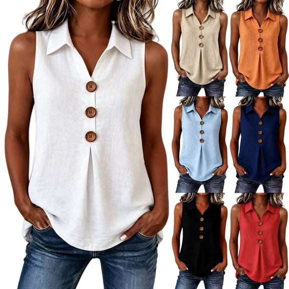 Harpily Cotton Linen Tank Tops for Women Sleeveless Half Button with Three Wooden Buttons Front Summer Casual Blouse Shirts