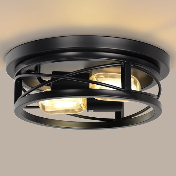 YANSUN 10.6 in 2-Light Black Farmhouse Flush Mount with Drum Metal Cage Shade for Entryway Bedroom Dining RoomKitchen Living Room(2-Pack)