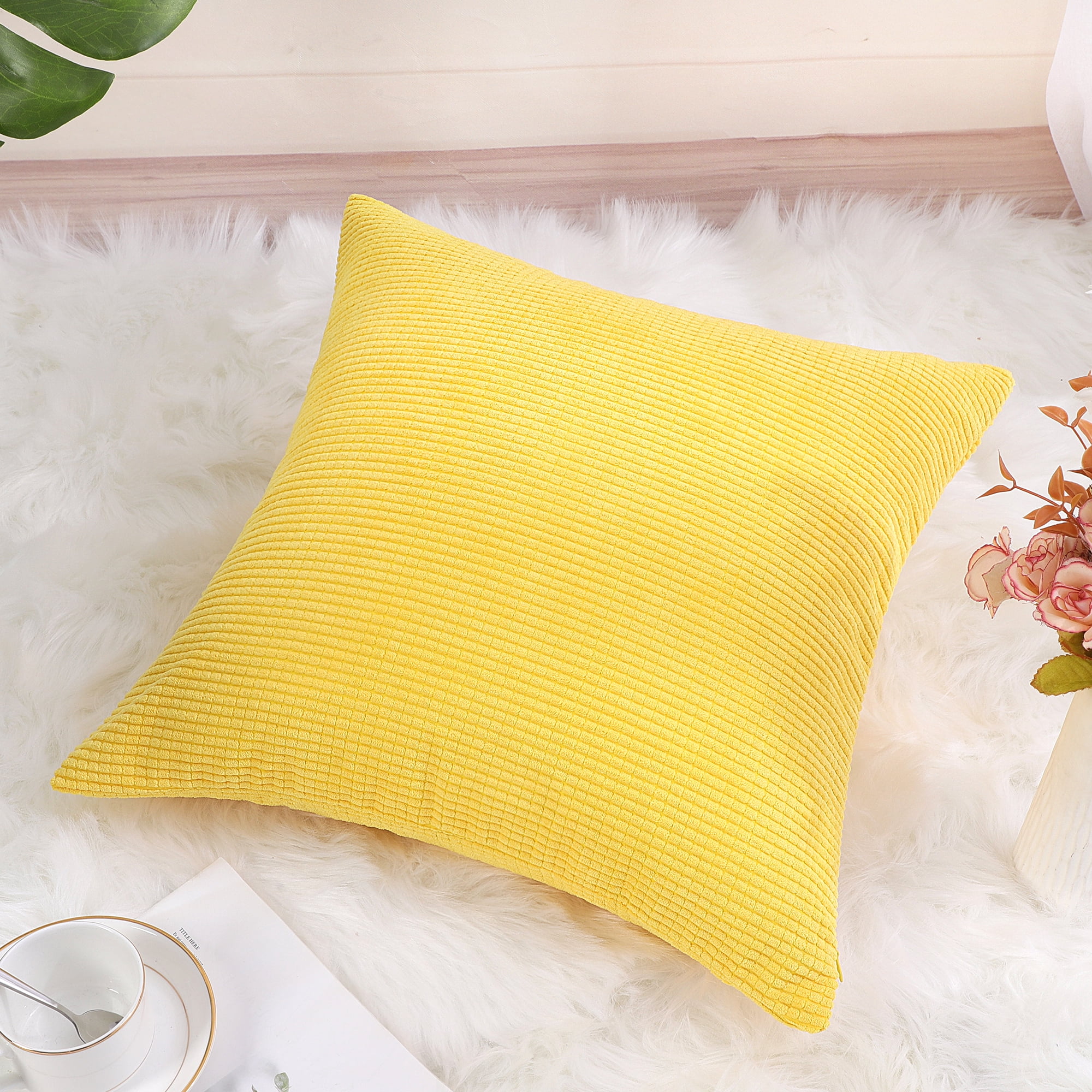Unique Bargains Corduroy Texture Decorative Throw Pillow Cover Yellow 18" x 18"