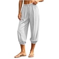 thumbnail image 6 of Women's Cotton Linen High Waist Pleated Three Quarter Capri Pants, Elastic Drawstring Pocket Loose Trousers, Breathable Four Season Casual Sport | TruHer,White XL, 6 of 9