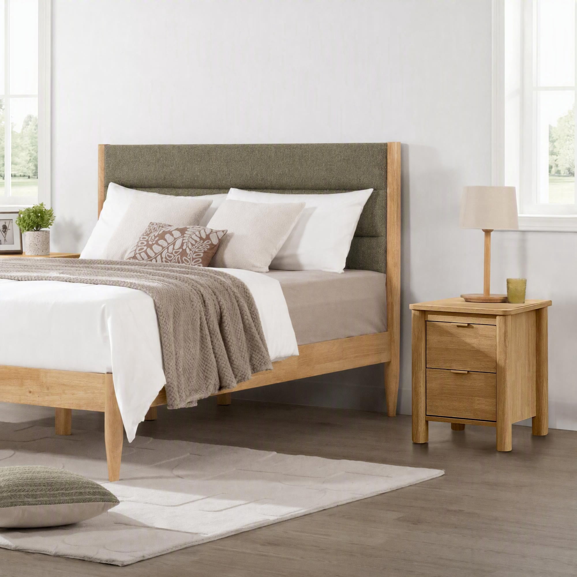 Spruce & Spring Farmhouse Queen Upholstered Bed Frame, Solid Rubberwood Frame, Sage Green Boucle Headboard, Noise-Free, No Box Spring Required, Natural & Sage