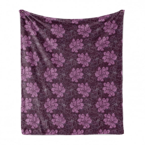 Spring Soft Flannel Fleece Throw Blanket, Hand Drawn Blossoming Petal Silhouettes and Outlines Botanical Pattern, Cozy Plush for Indoor and Outdoor Use, 50" x 60", Dried Rose and Plum, by Ambesonne