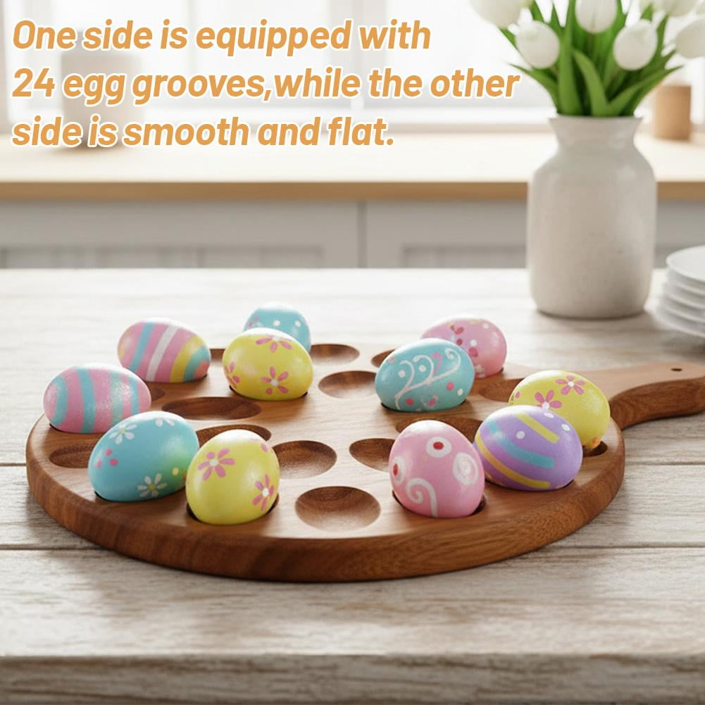 13in Wooden Egg Tray,24 Holes Round Egg Holder Container Charcuterie Board for Kitchen Countertops,easter egg Serving Tray