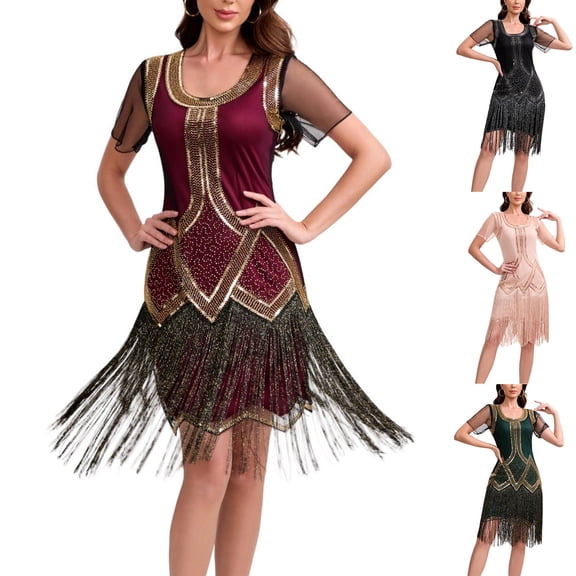YTCAMLO Plus Size Glitter Womens Flapper Dress Retro 1920s Slim Fit Sheer Short Sleeve Sequin Dress U Neck Fringed Cocktail Dress