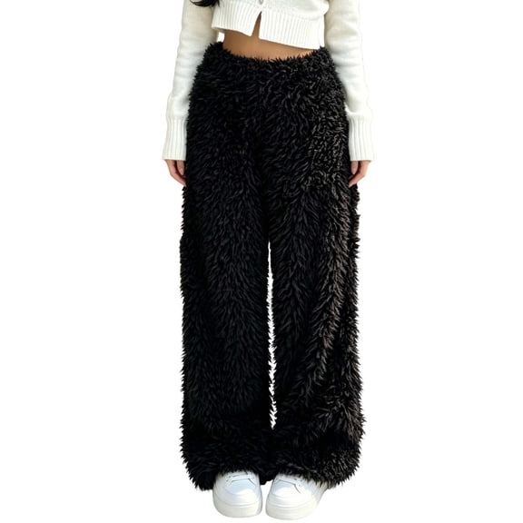 Levmjia Women's Fuzzy Sweatpants Winter Warm Plush Wide Leg Pants High Waisted Elastic Waist Casual Loose Fit Long Trousers with Pockets Solid Color Cozy Lounge Pants
