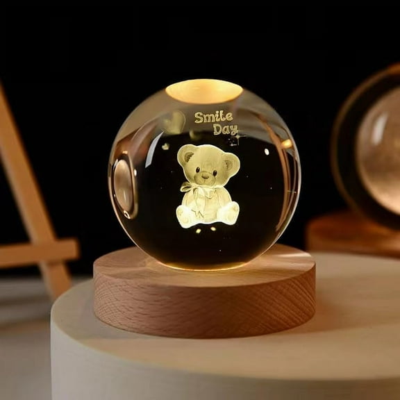 Cute Bear Crystal Ball, Globes Presents Smile Day Decorative Quartz Glass Ball, Glass Sphere with Wooden Base, Paperweight Crystal Display Sculpture Home Decor Crafts for Women Friends