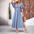 thumbnail image 2 of Women'S Summer Flowy Midi Dress Casual V Neck Short Sleeve Waist Boho Beach Dress Wedding Guest Maxi Dress Light Blue L, 2 of 4