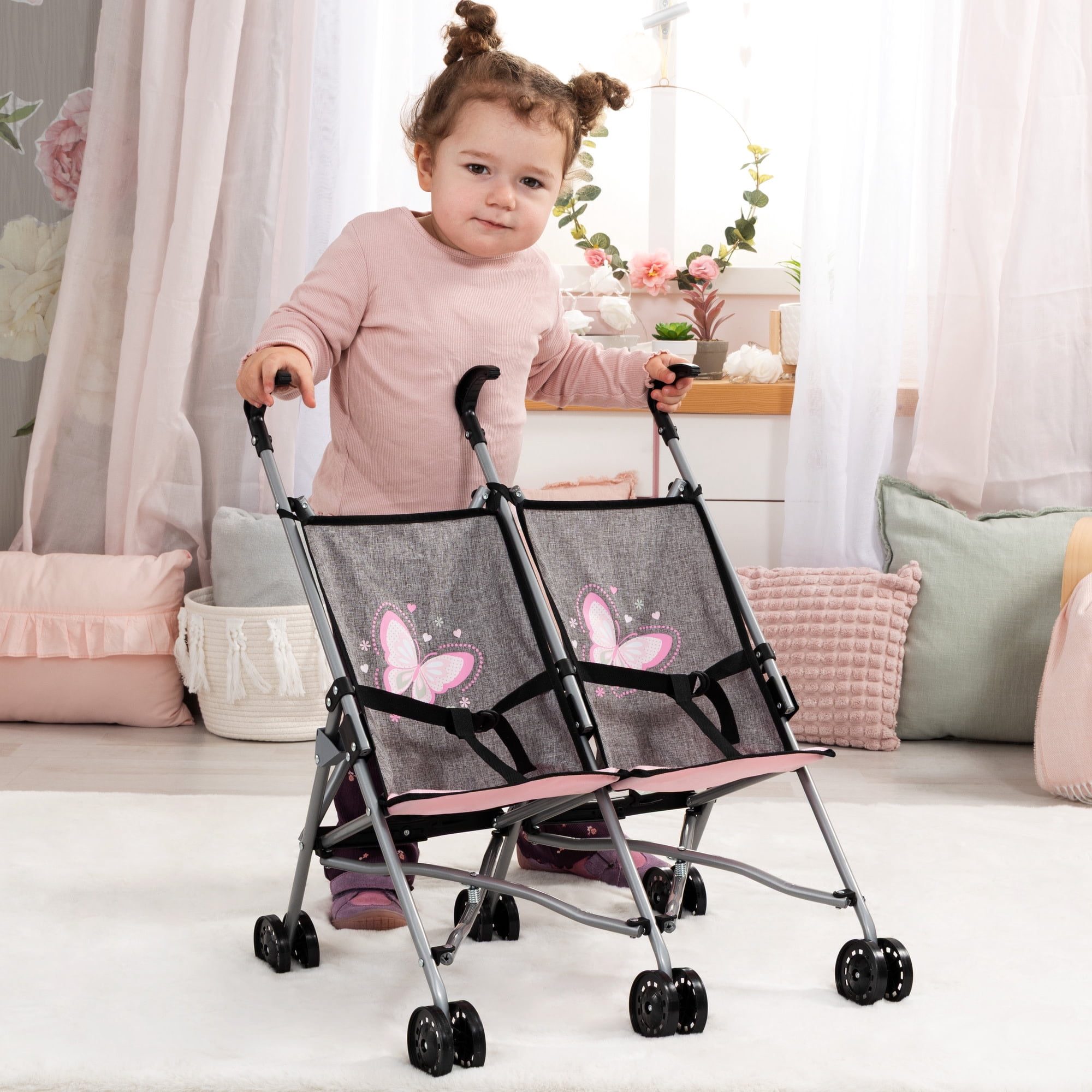 Bayer Design: Doll Twin Buggy - Pink-Grey-Butterfly- Umbrella Push Stroller, Foldable, Side-By-Side Seats, Play Toy Fits 18" Dolls, Kid-Toddler 18mo+