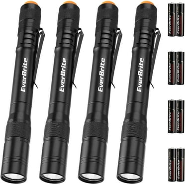 EverBrite 4-Pack Pen Flashlights, 100 Lumen LED Pocket Lights with Clip, Batteries Included, Compact Aluminum Flashlight for Mechanic, Camping, Emergency, Black