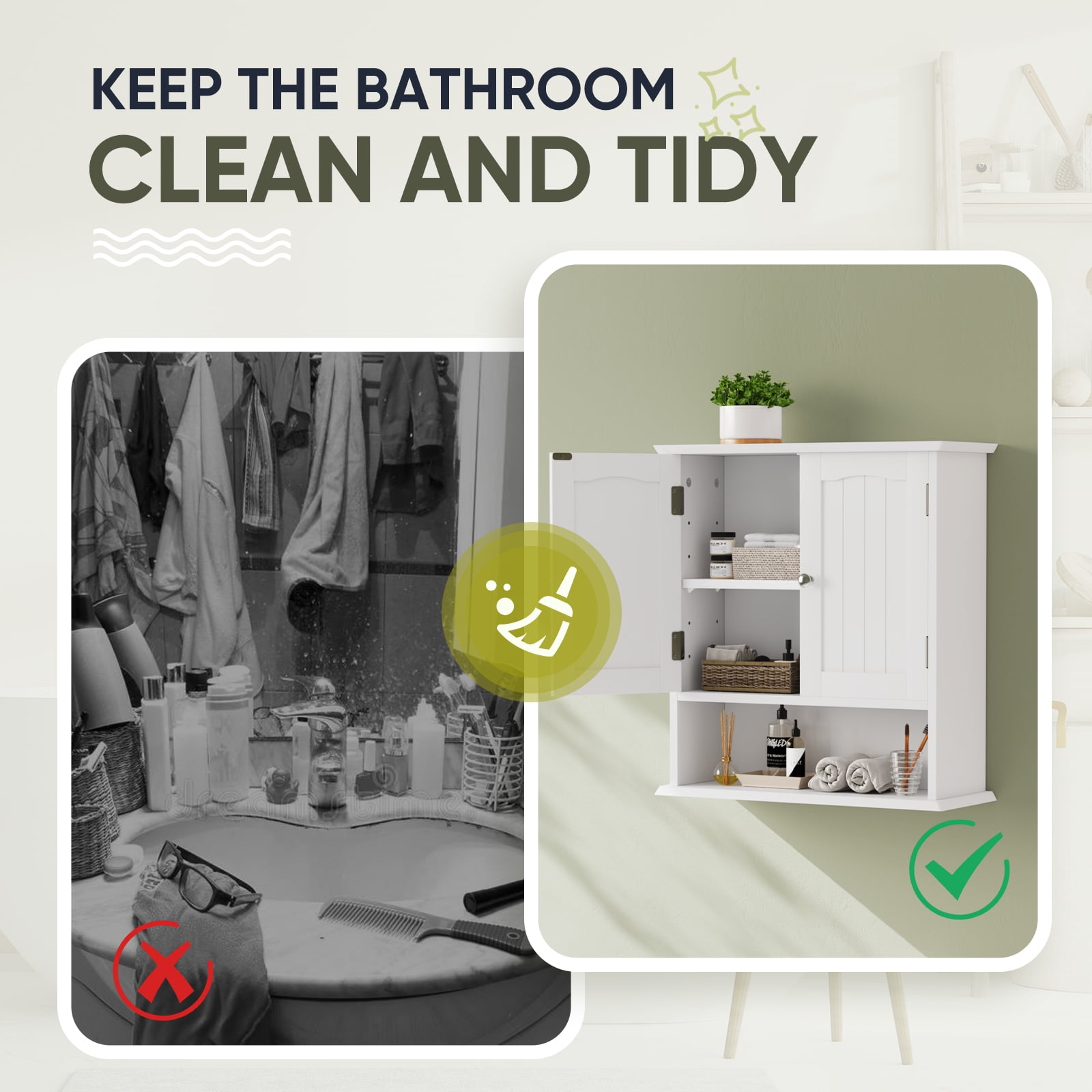 Smuxee Bathroom Wall Storage Cabinets with Door and Open Shelves,over The Toilet Storage,White Small